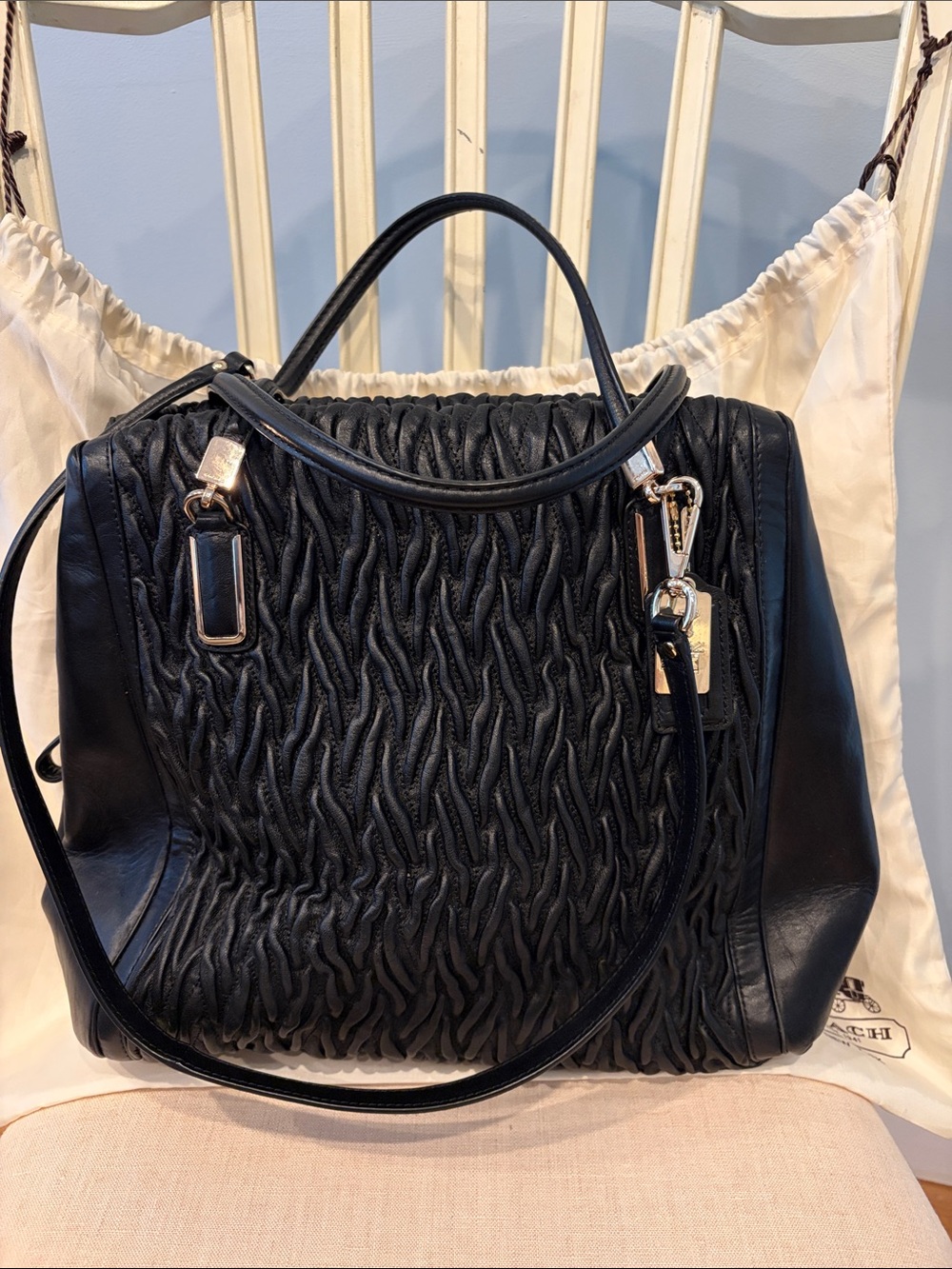 Coach Madison Gathered Twist Black Ruched Leather Shoulder Bag